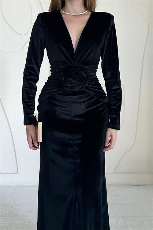 Toptan Siyah Önü Yırtmaçlı Güllü Elbise