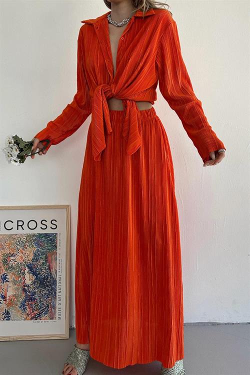 Wholesale Orange Ribbed Shirt and Skirt Set
