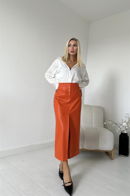 Wholesale Orange Leather Skirt with Front Slit