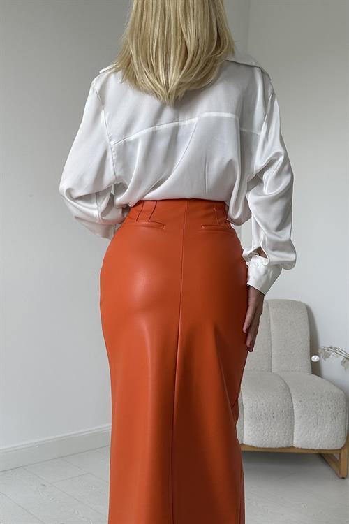 Wholesale Orange Leather Skirt with Front Slit