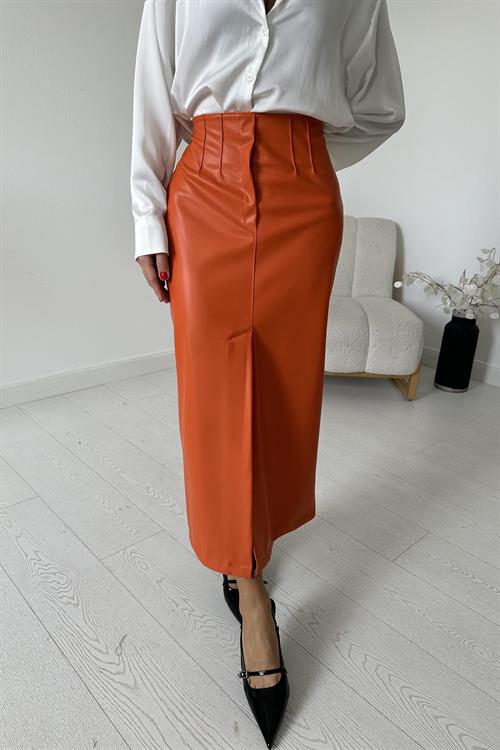 Wholesale Orange Leather Skirt with Front Slit