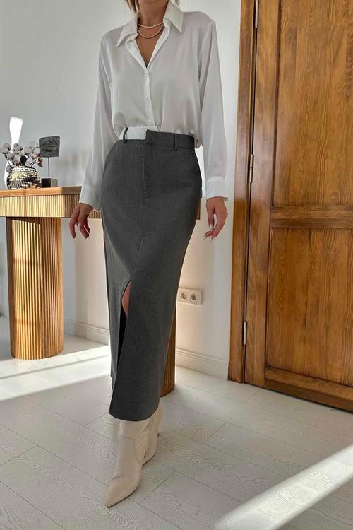 Wholesale Gray Polyviscose Skirt with Front Slit