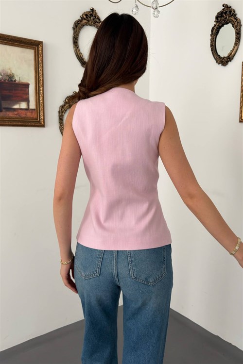 Pembe Belden Oturtmalı Fleto Detaylı Yelek
