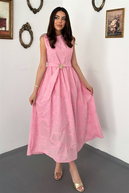 Pembe Beli Büzgülü Kuşaklı Elbise