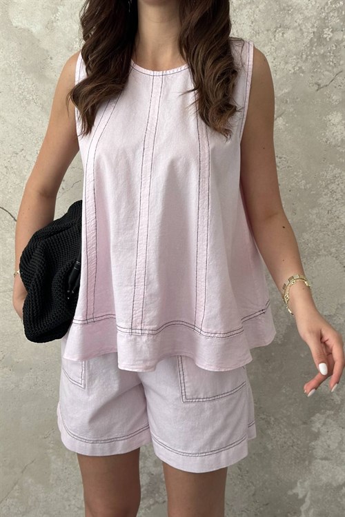 Pembe Boyamalı Dikiş Detaylı Takım