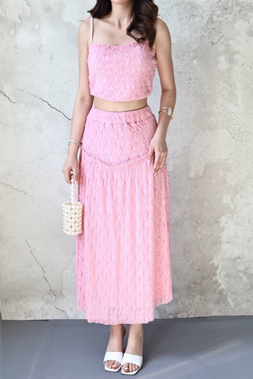 Pembe Dantel Bluz Ve Fırfırlı Etek Takım
