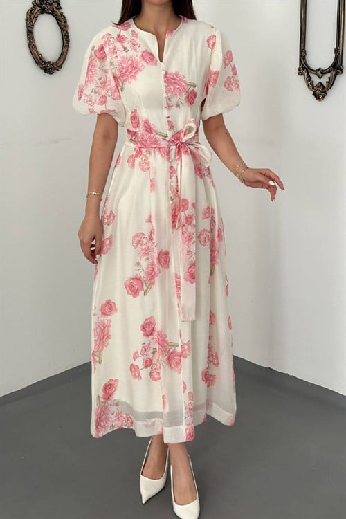 Wholesale Pink Lantern Sleeve Belted Dress