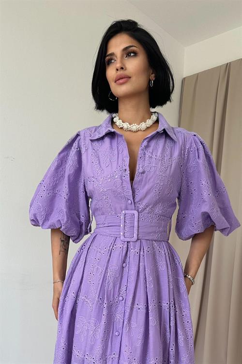 Toptan Lila Pileli Balon Kol Elbise