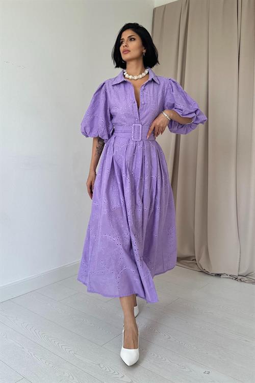 Toptan Lila Pileli Balon Kol Elbise