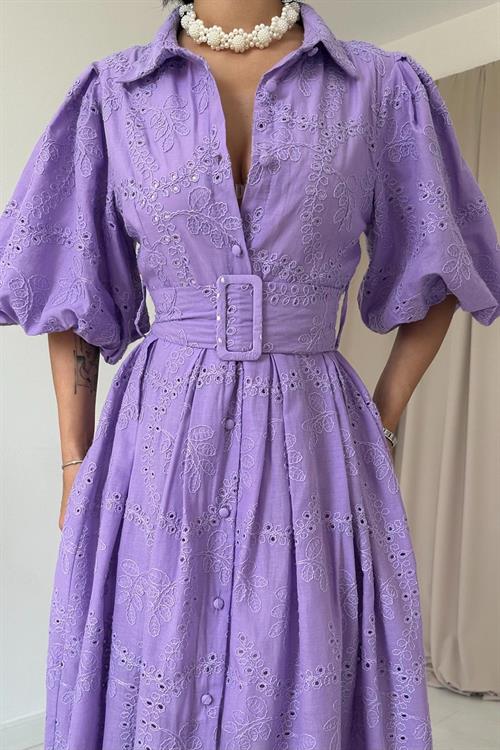 Toptan Lila Pileli Balon Kol Elbise