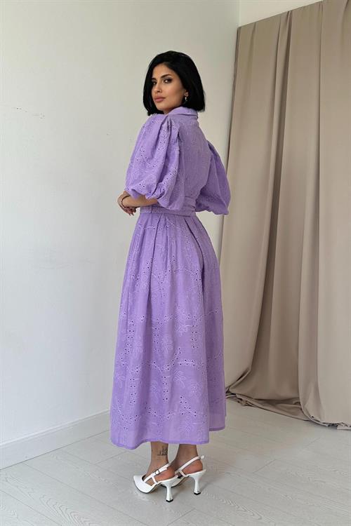 Toptan Lila Pileli Balon Kol Elbise