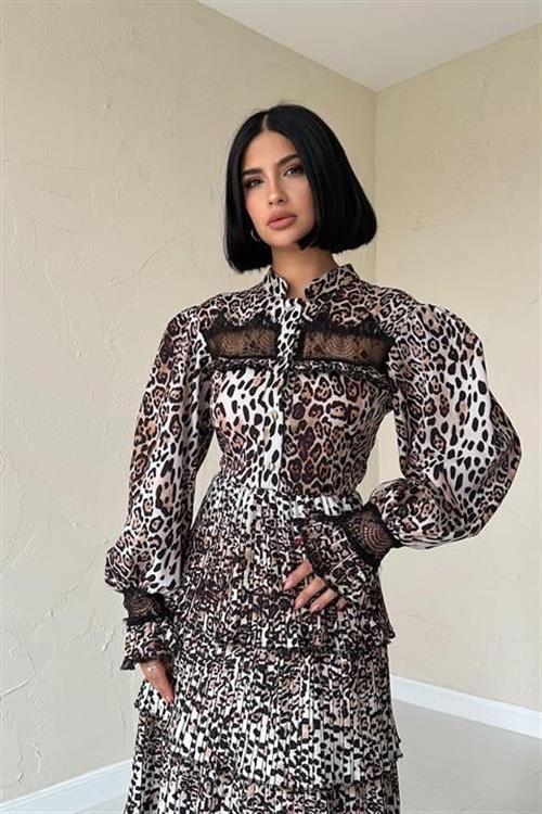Toptan Leopar Pilise Detaylı Lastikli Elbise
