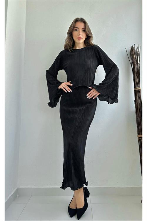 Wholesale Black Pleated Blouse and Skirt Set