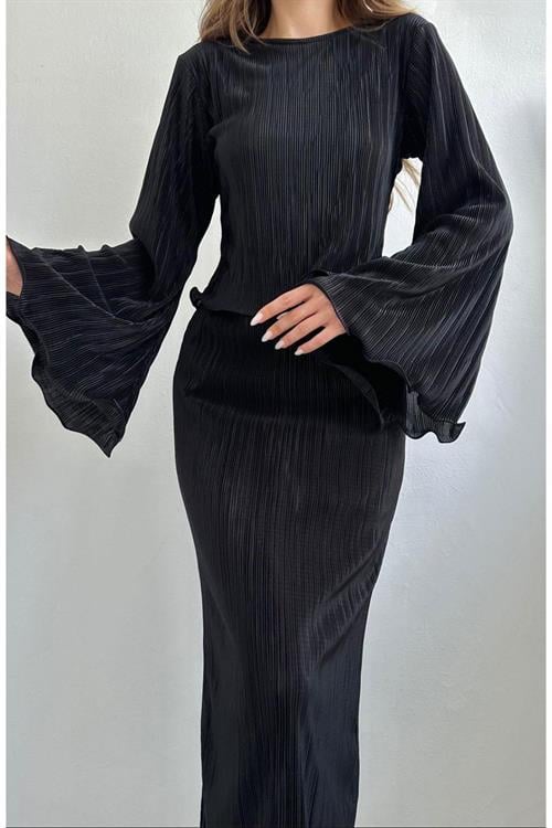 Wholesale Black Pleated Blouse and Skirt Set