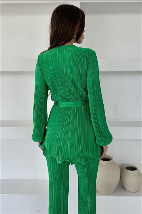 Wholesale Green Pleated Suit with Matching Belt