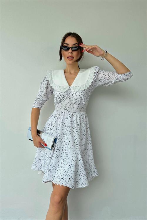 Wholesale Polka Dot Bib Collar Dress - White