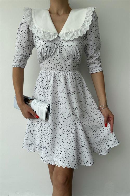 Wholesale Polka Dot Bib Collar Dress - White