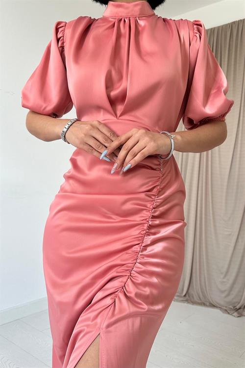 Wholesale Powder Shirred Satin Dress