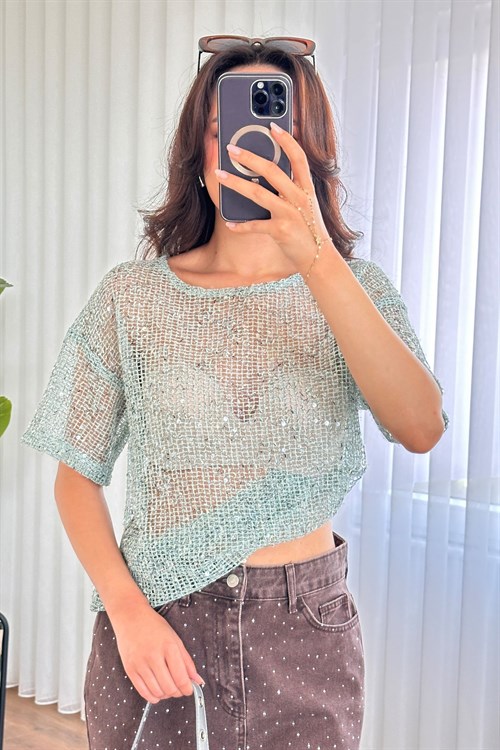 Pul Payet Geçişli Toptan Mint Bluz