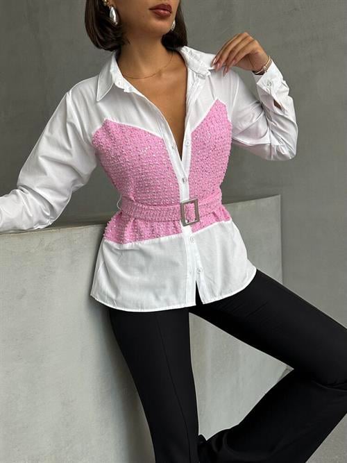 Sequin Denim Detailed Belted Wholesale Shirt - Pink Dsn1