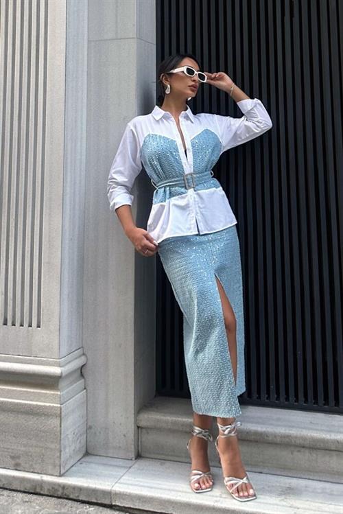 Sequin Denim Detailed Belted Wholesale Shirt - Blue Dsn1