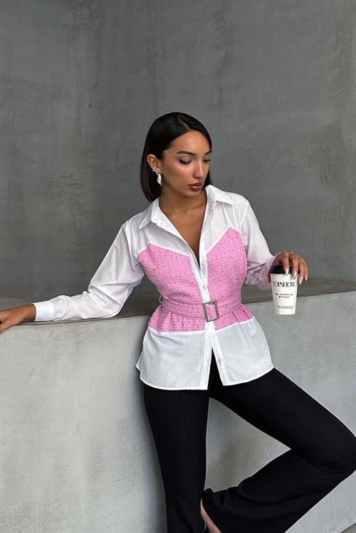 Sequin Denim Detailed Belted Wholesale Shirt - Pink Dsn1