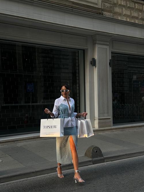 Sequin Denim Detailed Belted Wholesale Shirt - Blue Dsn1