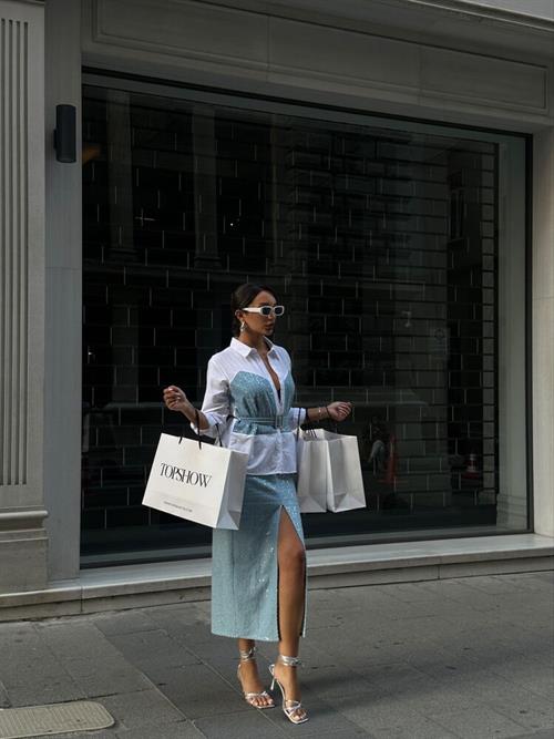 Sequin Denim Detailed Belted Wholesale Shirt - Blue Dsn1