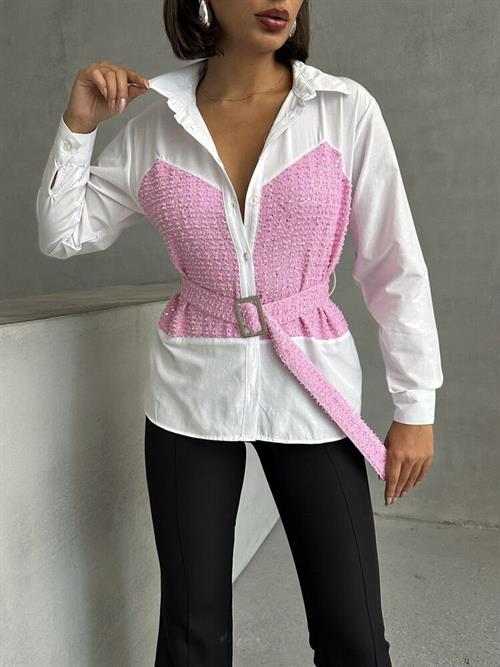 Sequin Denim Detailed Belted Wholesale Shirt - Pink Dsn1