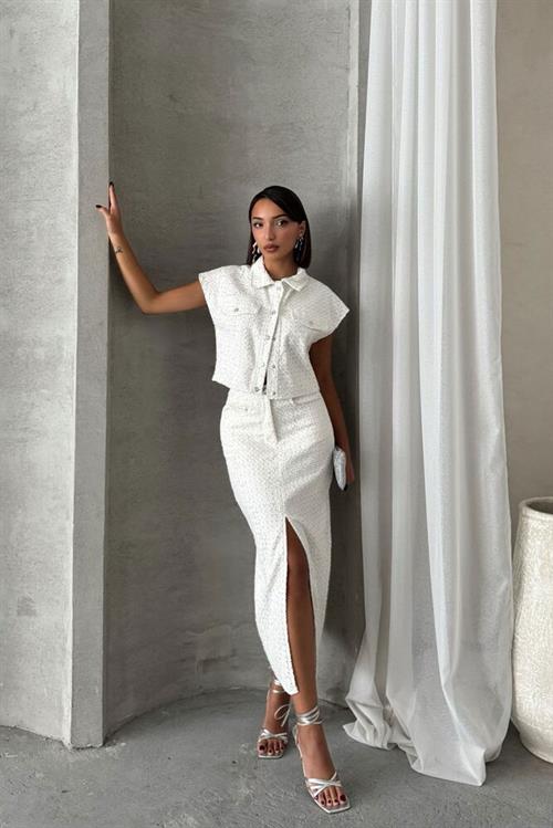 Sequin Denim Wholesale Skirt - White Dsn 1