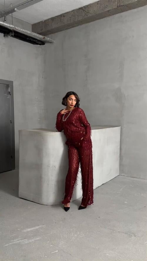 Sequin Tulle Wholesale Evening Dress Pants - Burgundy