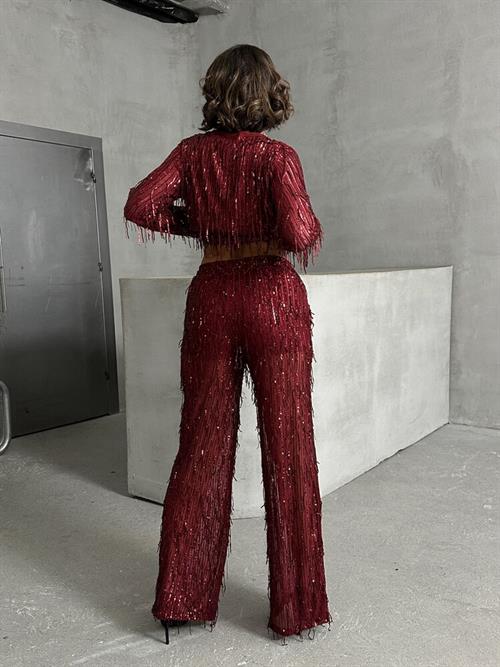 Sequin Tulle Wholesale Evening Dress Pants - Burgundy