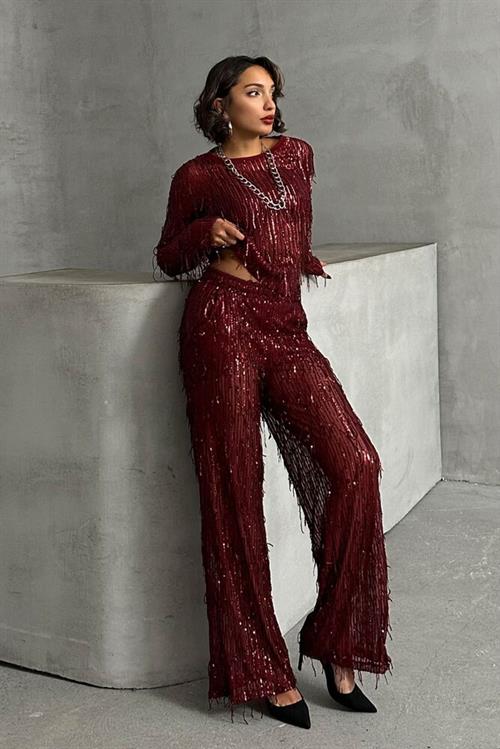 Sequin Tulle Wholesale Evening Dress Pants - Burgundy