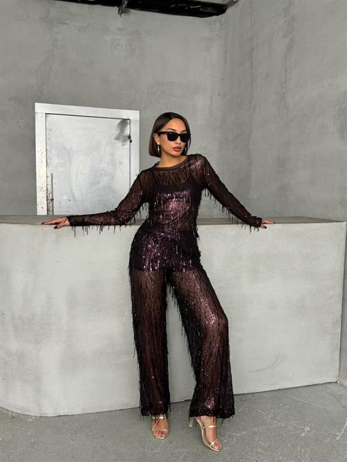 Sequin Tulle Wholesale Pants - Black Burgundy