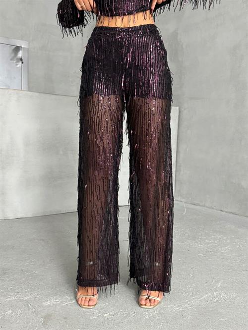 Sequin Tulle Wholesale Pants - Black Burgundy