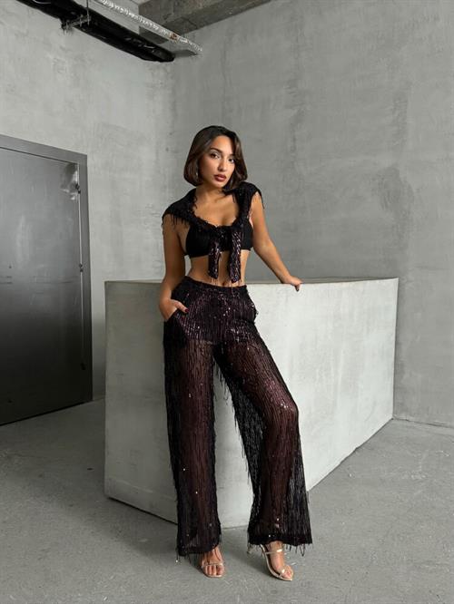 Sequin Tulle Wholesale Pants - Black Burgundy