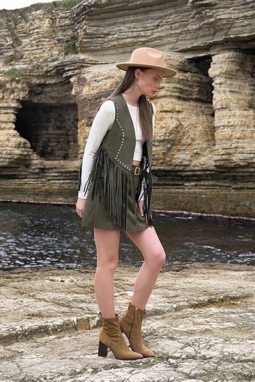 Wholesale Vest with Tassel Drop - Khaki