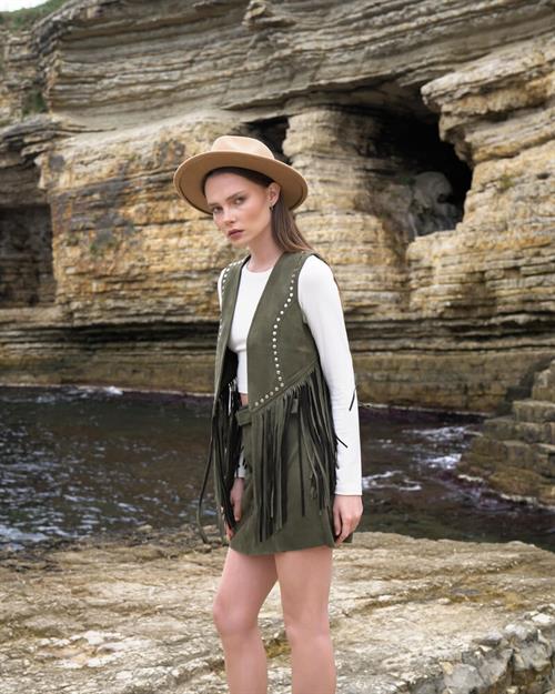 Wholesale Vest with Tassel Drop - Khaki