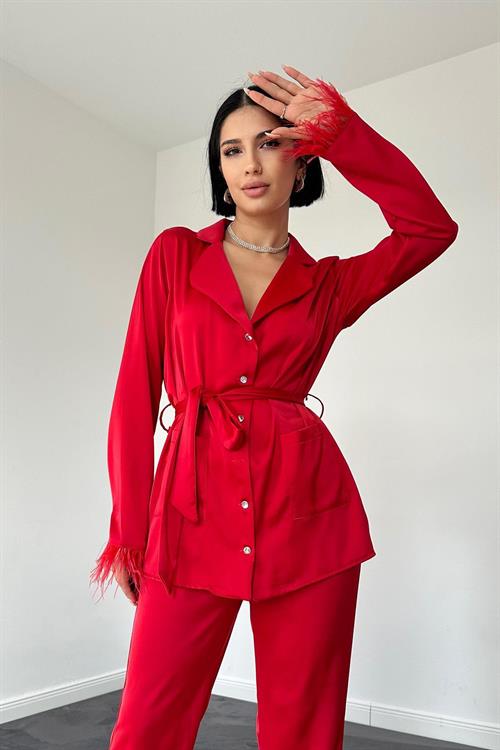Wholesale Red Satin Suit with Tassels