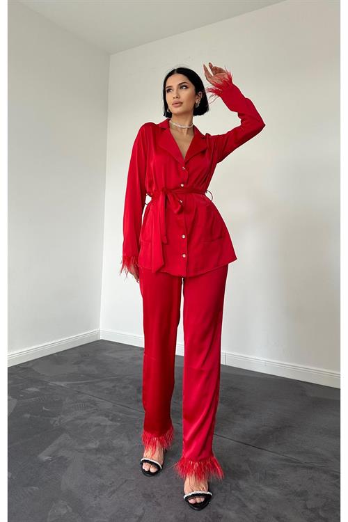 Wholesale Red Satin Suit with Tassels