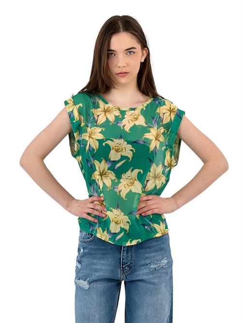 Green Chiffon Blouse with Yellow Flower Pattern