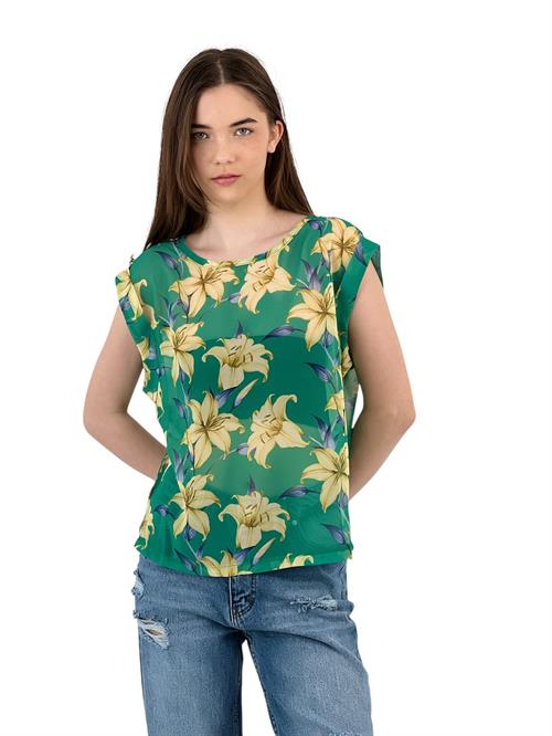 Green Chiffon Blouse with Yellow Flower Pattern