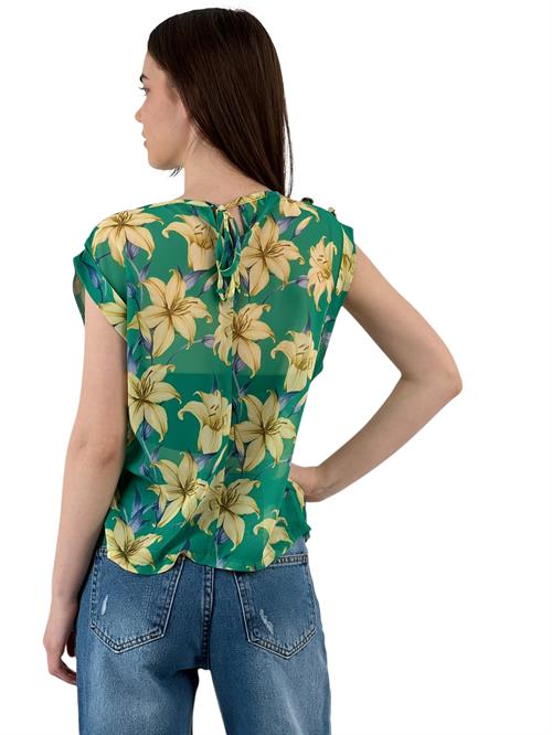 Green Chiffon Blouse with Yellow Flower Pattern