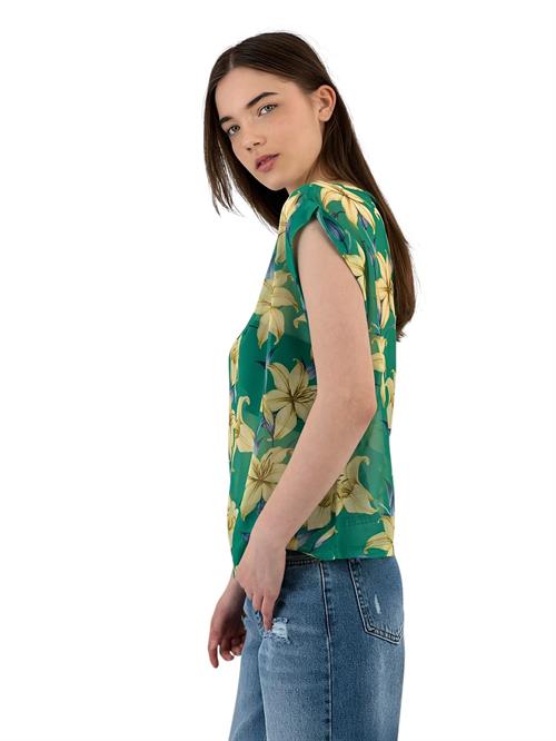 Green Chiffon Blouse with Yellow Flower Pattern
