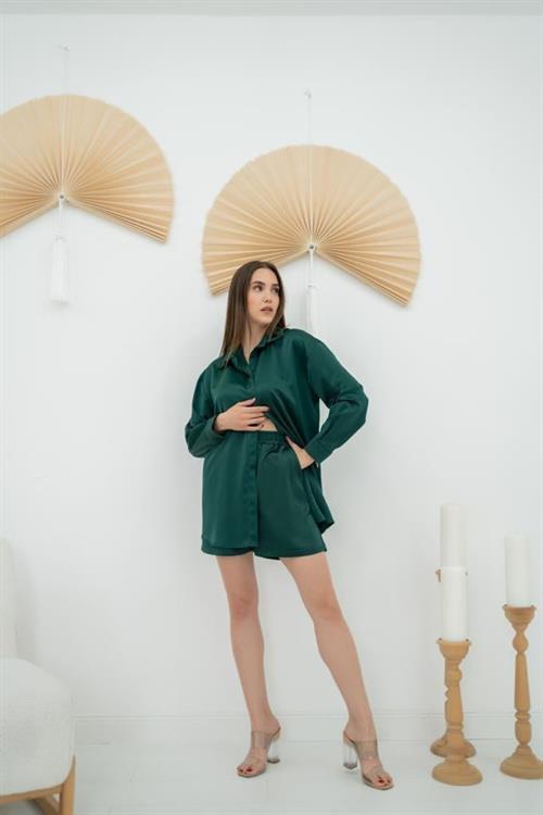 Wholesale Satin Shorts Suit - Emerald