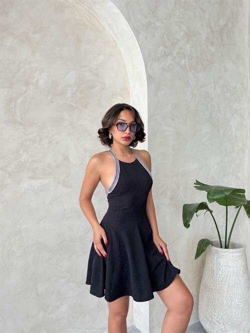 Şeritli Kolsuz Elbise - Siyah