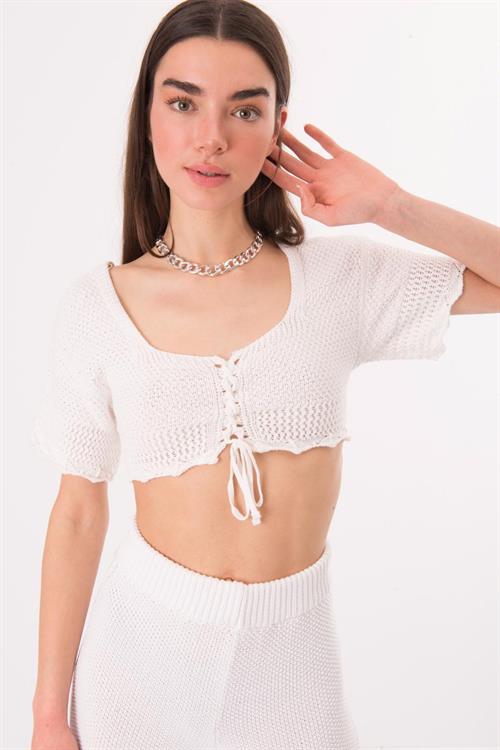 Short Sleeve Front Tie Knit Crop Top