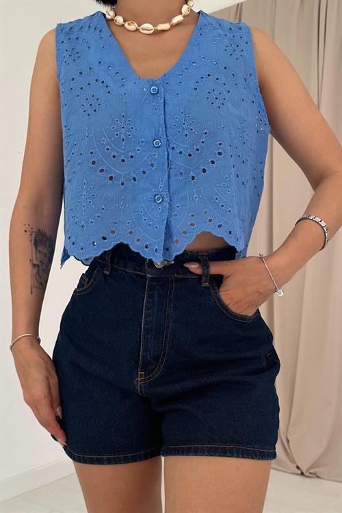 Wholesale Zero Sleeve Brode Blouse - Blue