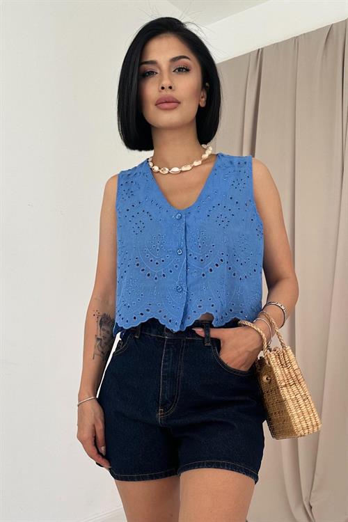 Wholesale Zero Sleeve Brode Blouse - Blue