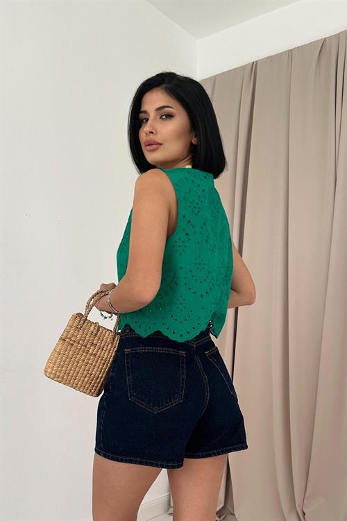 Wholesale Zero Sleeve Brode Blouse - Green